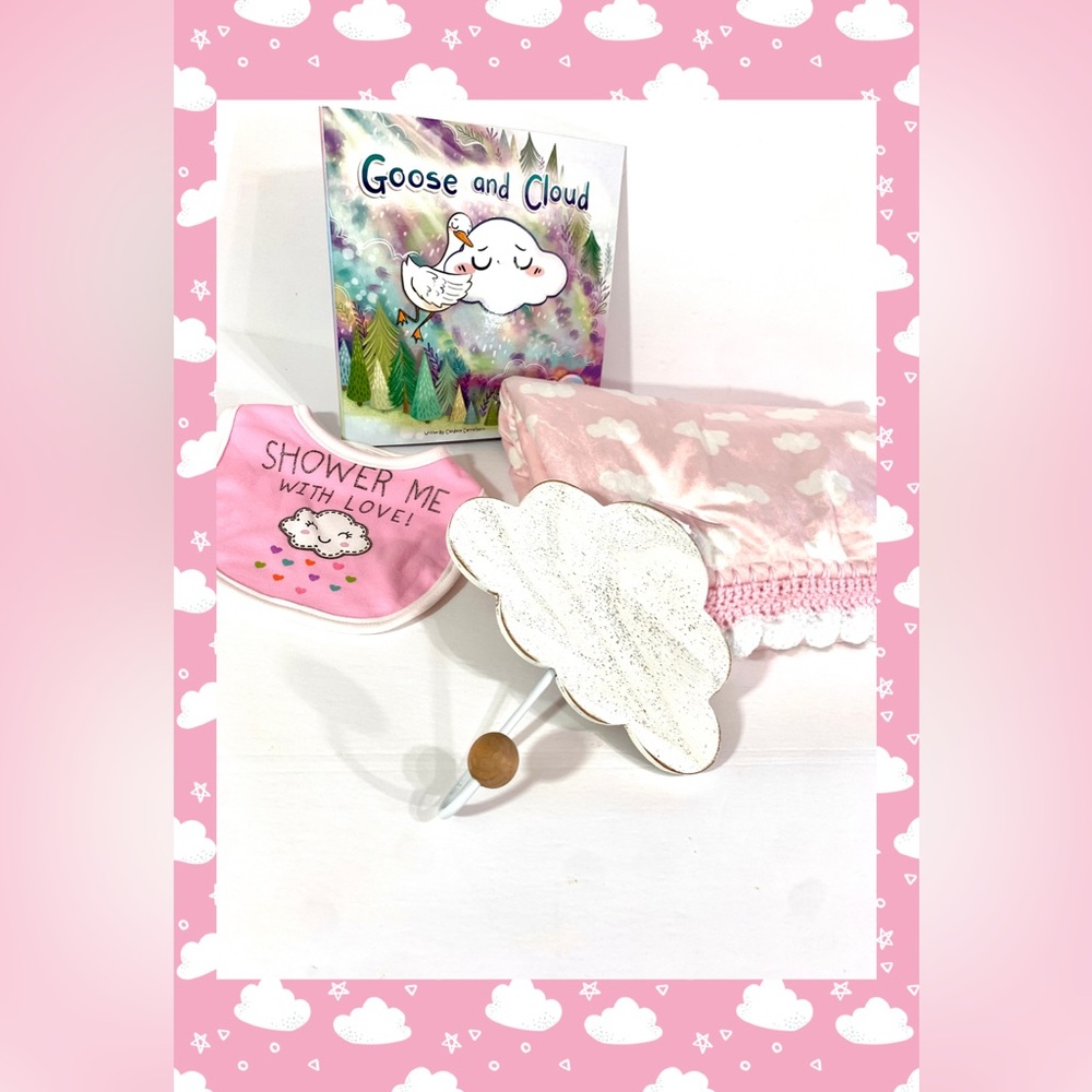 Dreamy Clouds Pink & White Minky Sherpa Crochet Baby Blanket 4 Piece Gift Set
